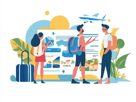 travelers planning trip with airplane, luggage clip art preview