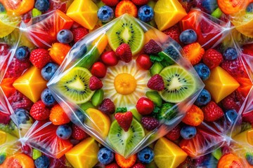 Fototapeta premium vibrant and abstract close-up of fruit salad in a plastic bag with kaleidoscope of colors and intriguing textures and shapes