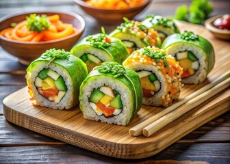 Vibrant, creative vegetarian sushi rolls filled with carrot, avocado, and cucumber, garnished with sesame seeds and served on a rustic wooden platter.