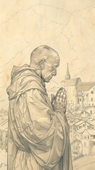 Fototapeta premium Illustration of Prayer of St. Drogo in 12th-Century French Village, Biblical Illustration, Beige Background, Copyspace
