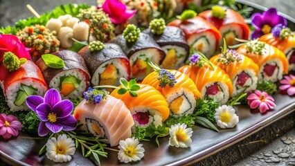 Elegantly arranged sushi platter with exotic rolls, sashimi, and nigiri, garnished with edible flowers and microgreens, perfect for luxurious celebrations and special events.