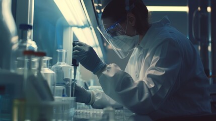 A scientist, clad in protective gear, meticulously conducts an experiment in a sophisticated laboratory setting.