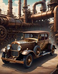 Fototapeta premium Vintage car with a steampunk design, featuring brass and copper elements, set in an industrial environment with large machinery in the background, Generative AI.