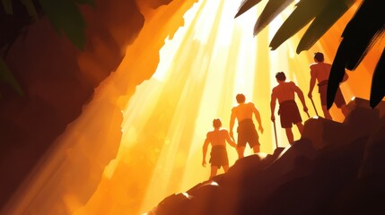 Silhouettes of explorers bathed in golden sunlight from a cave opening, representing hope, adventure, and the light at the end of the tunnel, captured in moody tones.
