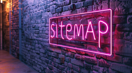 Sitemap glowing neon sign on brick wall with copy space. XML file that shows website structure and hierarchy in Technical SEO