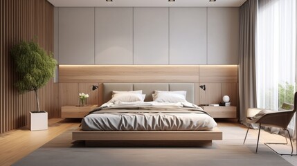 Simple bed with brown headboard in contemporary pastel room