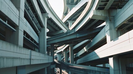 Fototapeta premium A labyrinth of modern highways intertwines under a bright sky, showcasing the complexity and density of urban infrastructure.