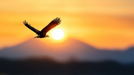 An eagle glides gracefully across a dusk-lit sky with mountains as the backdrop, embodying the serene and meditative transition from day to night.