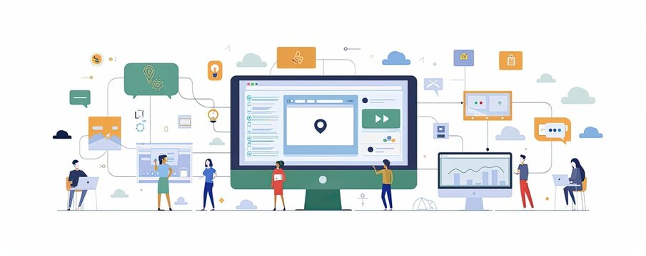 Multi-channel marketing, integrating efforts across platforms, flat design illustration