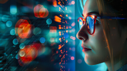 A woman in glasses examining digital interfaces with data overlaying her face. UX coding, big data analytics, artificial intelligence, technology, and innovation in high-tech environment. Close up