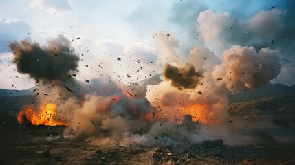 Fototapeta premium A dramatic scene of multiple explosions, smoke, and debris clouding a mountainous landscape.