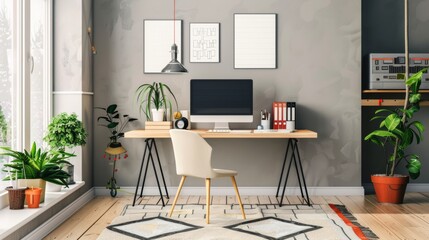 Photo of 3D rendering of workspace in modern living room with desk and desktop computer. Home office is a safe place to work.