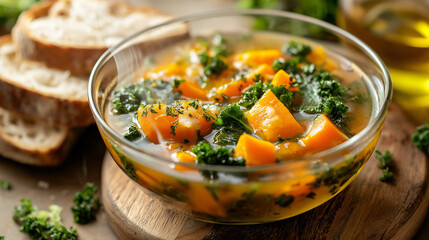 A hearty vegetable soup filled with chunks of pumpkin, carrots, and kale in a clear glass bowl