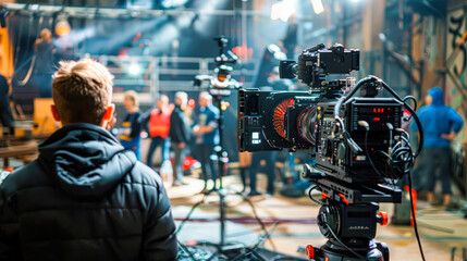 A film crew working together on movie set in pavilion. In the Big Film Studio Professional Crew Shooting Blockbuster Movie. Director, Cameraman, shooting start, behind the scene, new season, premiere