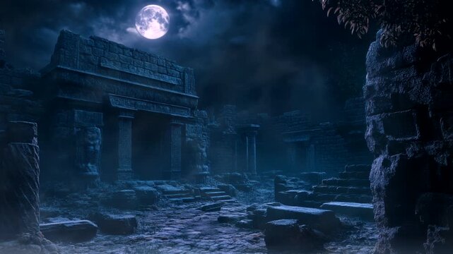 Ancient ruins illuminated by a spooky full moon on Halloween night. Seamless looping time-lapse video background.