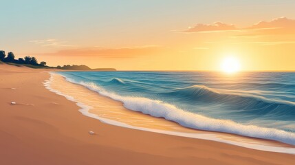 A stunning portrayal of a sandy beach with gentle ocean waves rolling in under a beautiful sunset, capturing the natural beauty and tranquility of the seashore at this magical hour.