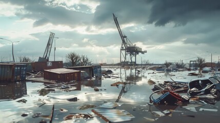 A desolate harbor scene post-storm, showing scattered debris, fallen containers, and an eerie calm over the flooded area with a backdrop of towering cranes.