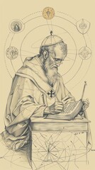 Fototapeta premium Illustration of Writing of St. Gregory the Great in Ancient Rome, Biblical Illustration, Beige Background, Copyspace