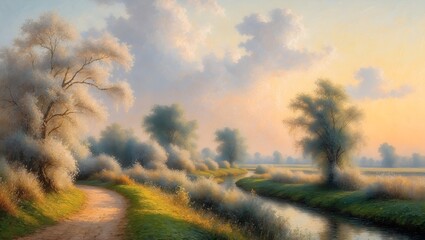 Dawn landscape with winding path and golden sky in impressionist style