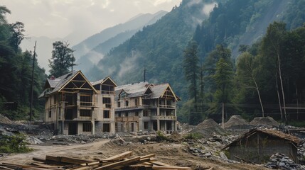 Construction in progress against a backdrop of misty mountains and trees, capturing the blend of nature and human development.
