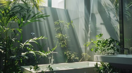 Sunlight streams into a serene, modern bathroom filled with lush green plants, creating an oasis-like atmosphere.