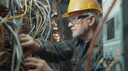 A focused elderly man in a hard hat and safety glasses works intricately on a complex network of cables and wires in an industrial setting.