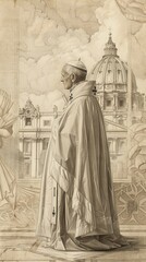 Illustration of St. Pius X in Papal Robes at Vatican, Biblical Illustration, Beige Background, Copyspace