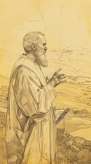 Fototapeta premium Illustration of Preaching of St. David of Wales in Welsh Countryside, Biblical Illustration, Beige Background, Copyspace