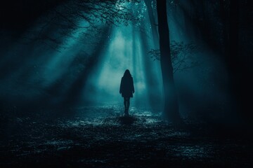 A solitary figure walks through a dark forest bathed in shadows and light beams from a distant moon The person silhouette is barely visible evoking feelings of fear and isolation The contrast creates