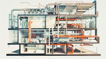 A detailed cross-sectional view of an industrial building, showcasing the complexity of modern architectural and mechanical systems.