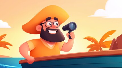 A happy cartoon pirate with a beard and glasses stands on a boat, holding a telescope and observing the horizon, with a tropical backdrop of palm trees and calm sea.
