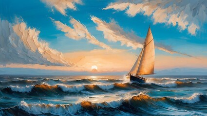 Sailboat navigating ocean waves at sunset with vibrant sky in impressionist style
