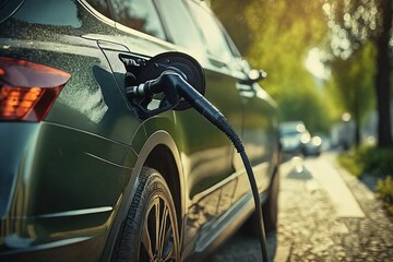 Charging Electric Car on City Street at Sunset