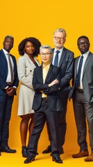 Obraz premium A group of five professionals stands together, showcasing diversity and confidence in their formal attire