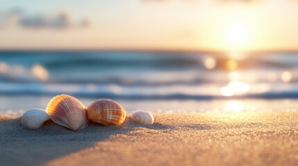 Seashells and pebbles resting on a sandy beach, with the sun setting over the horizon casting a warm glow over the gentle waves and the sea in the background.