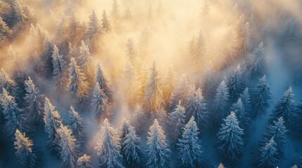 Aerial view of a snow-covered forest with tall evergreen trees dusted in white, illuminated by golden sunlight.
