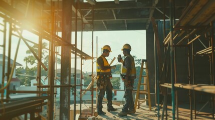 Two construction workers in hard hats and reflective vests collaborate amidst steel scaffolding on a structure bathed in golden light.