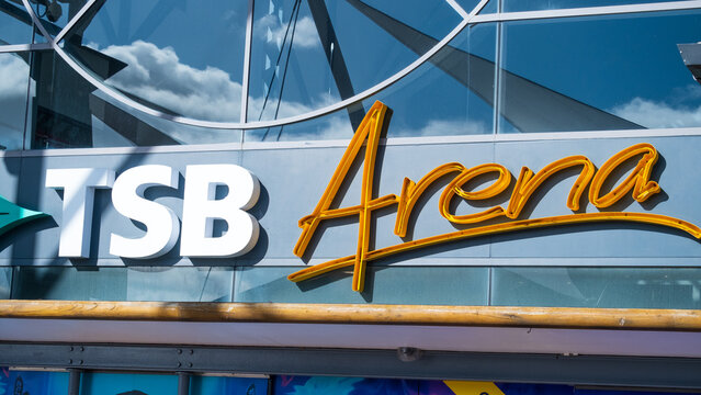 Close up of TSB Arena exterior sign for indoor event and music venue in capital city of Wellington, New Zealand Aotearoa - taken on 13 August 2024