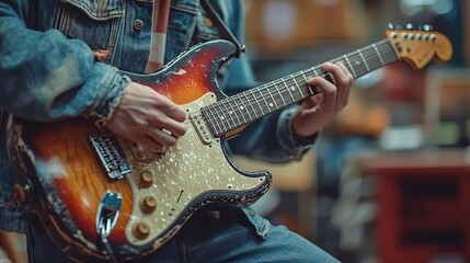A musician skillfully plays a vintage guitar in a warm and inviting music studio during an energetic late-night jam