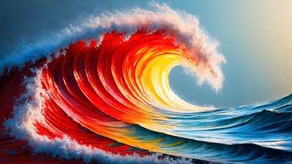 Vibrant red and yellow wave with ethereal light at sunrise over the ocean