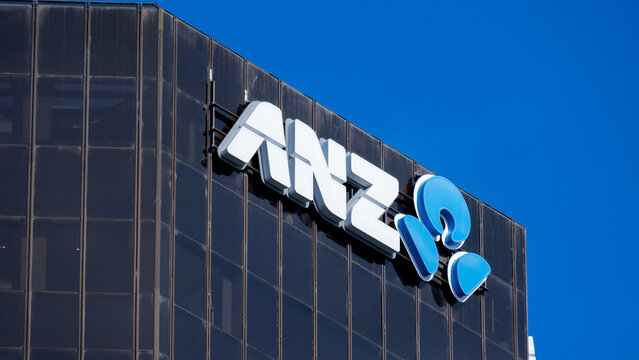 Close up of ANZ Bank New Zealand sign and logo on exterior of office building in capital city of Wellington, New Zealand Aotearoa - taken on 13 August 2024