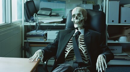 A skeleton dressed in a formal suit sitting in an office chair, blending the macabre with the mundane corporate environment.
