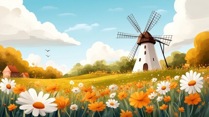 A peaceful rural scene with a classic windmill standing tall among a field of daisies, under a bright blue sky dotted with clouds, evoking a sense of tranquility.
