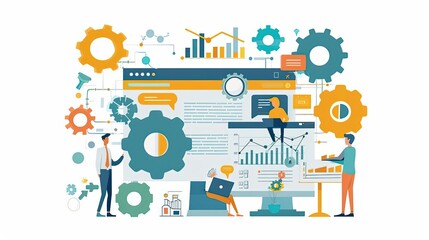 Marketing automation tools, streamlining repetitive tasks, flat design illustration