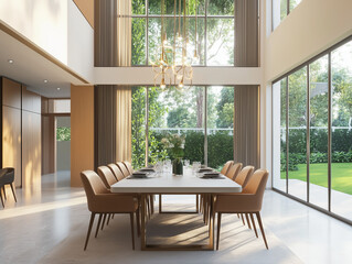 Luxury minimalist dining room, two floor high ceiling. Garden, courtyard view outside the window. Spacious dining table. 