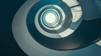 A spiraling staircase shot from below captures the architectural marvel and symmetry under soft natural light.