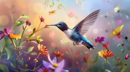 illustration of small hummingbird with colorful plumage flying near colorful blooming flowers on blurred background