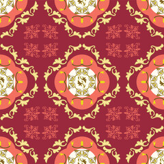 Decorative repeating pattern with bright ornaments with claret background