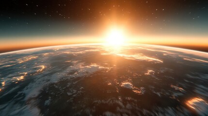 Beautiful capture of the golden sunrise over Earth, showcasing the illuminated horizon and the transition from night to day, representing hope and new beginnings.