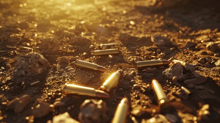 Spent bullet casings scattered across rocky terrain at sunset, evoking themes of conflict, history, and the passage of time.